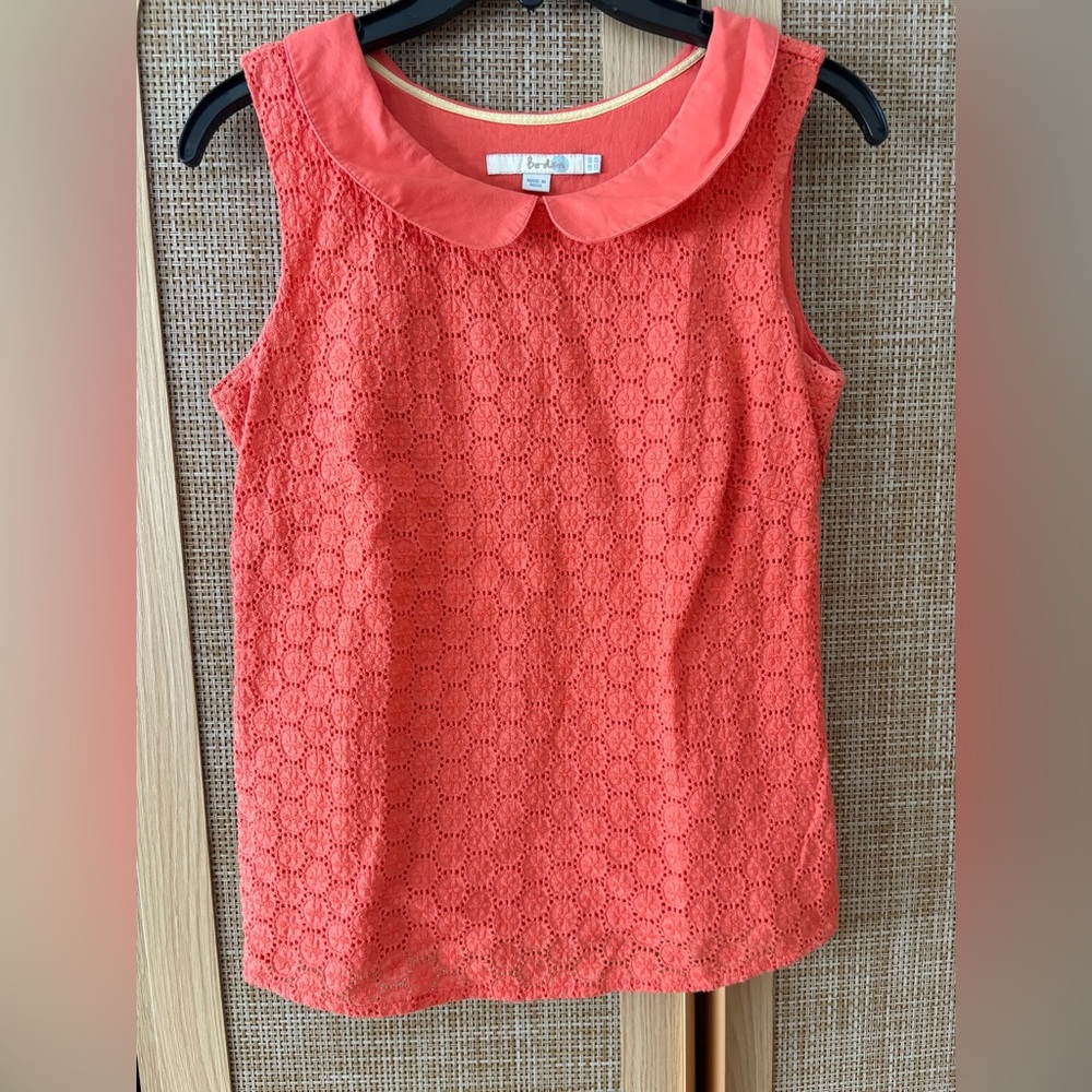 Boden Coral Eyelet Peter Pan Collar sleeveless top, Size 4 US